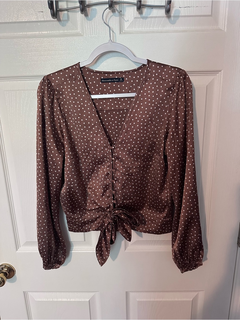 Abercrombie & Fitch Brown Polka Dot Tie-Front Long Sleeve Blouse
